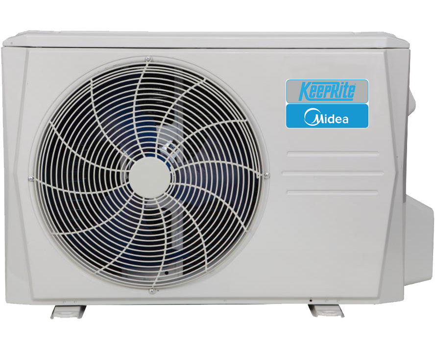 Outdoor mini-split heat pump unit with a KeepRite and Midea logo